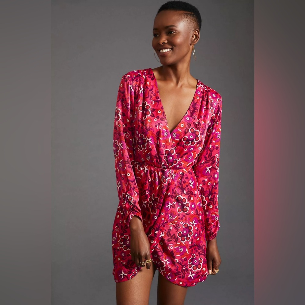 Anthropologie Maeve Faux Wrap Mini Dress Pink Floral Sz Large Petite Purple